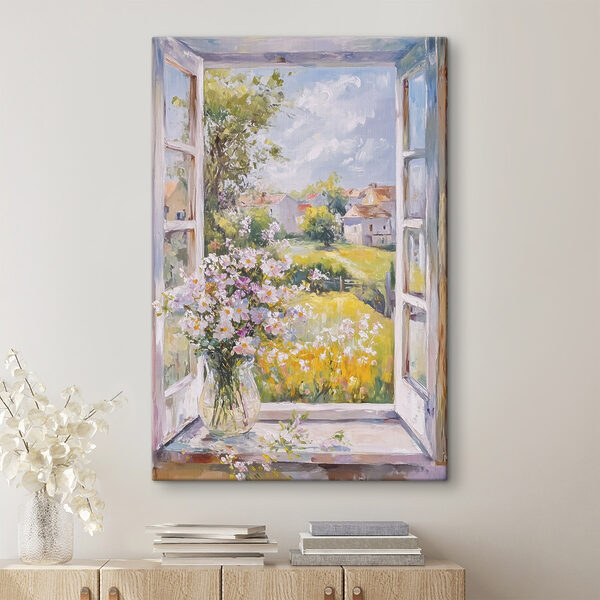 Painting of a window with flowers in it Painting of a window with flowers in it