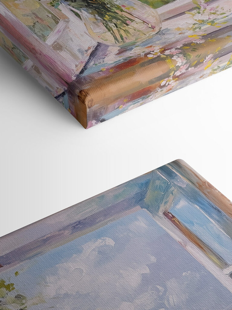 Painting of a window with flowers in it Painting of a window with flowers in it