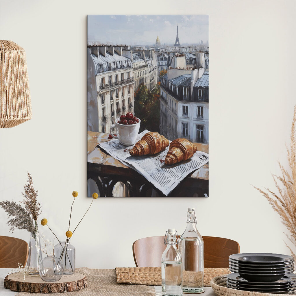 Cup of coffee and croissants on a table with buildings in the background Cup of coffee and croissants on a table with buildings in the background