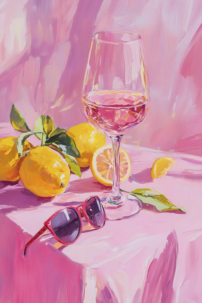 Glass of wine next to lemons and sunglasses