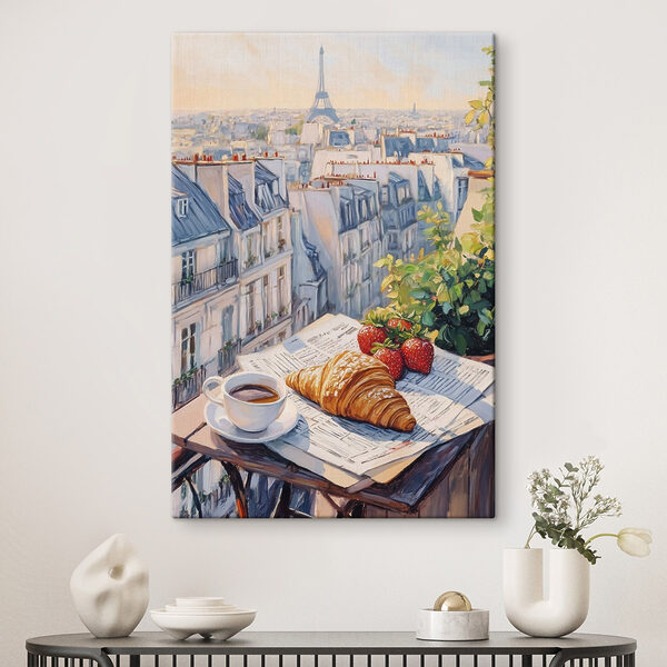 Breakfast on a table with a cup of coffee and strawberries Breakfast on a table with a cup of coffee and strawberries