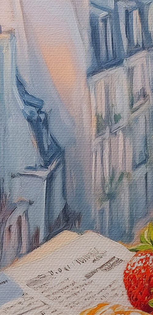 Breakfast on a table with a cup of coffee and strawberries