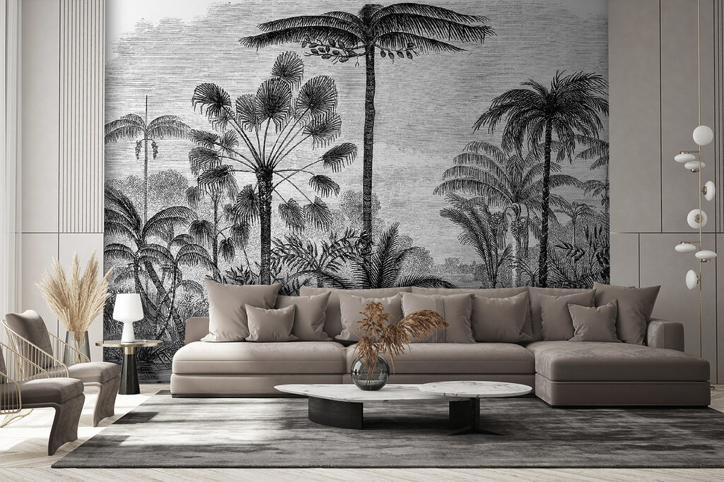 Black and white drawing of palm trees
