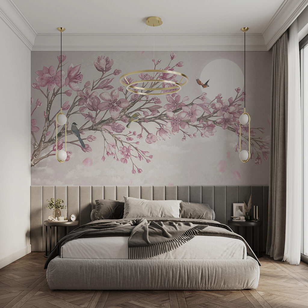 Painting of a branch with pink flowers and birds Painting of a branch with pink flowers and birds