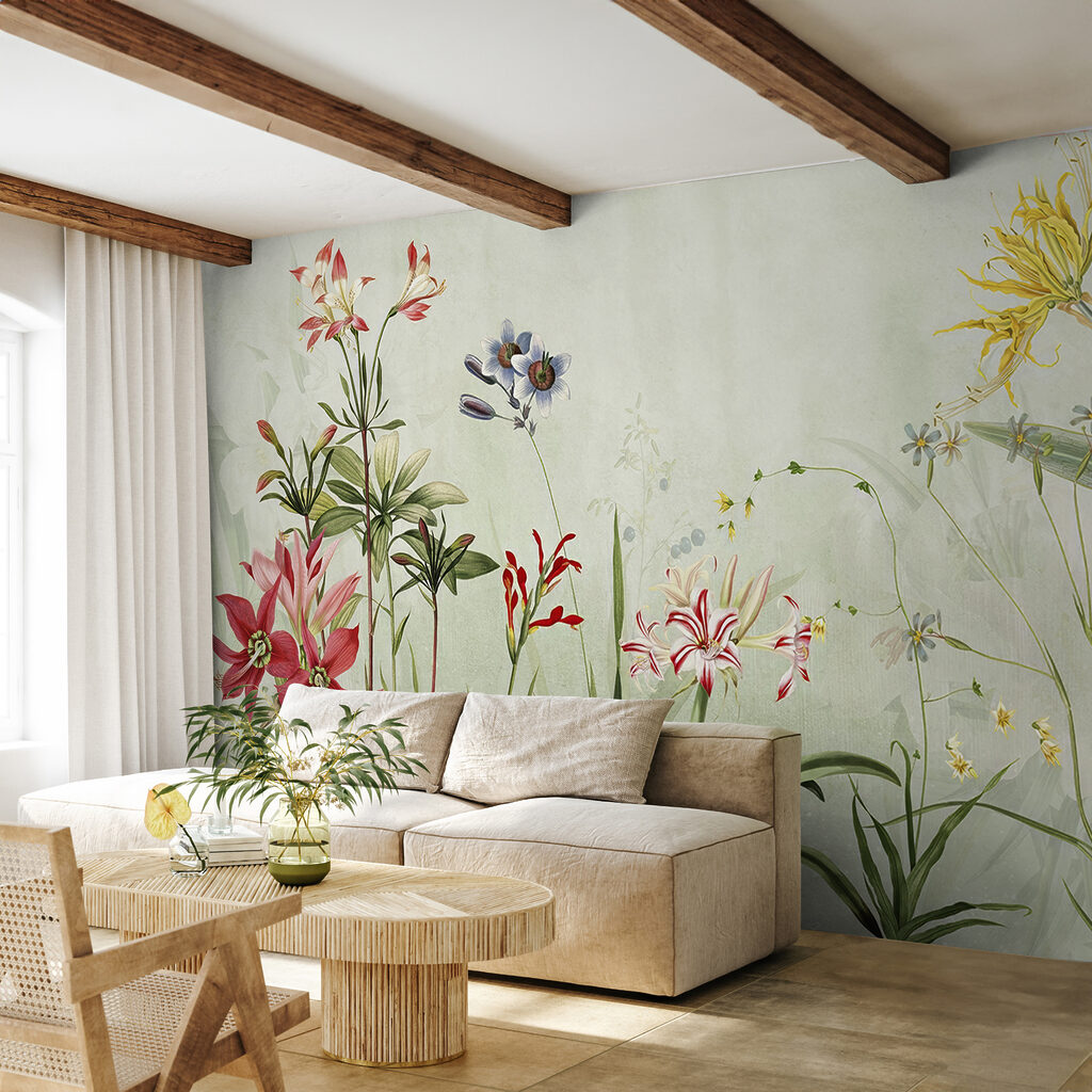 Vibrant flowers in soft green hues