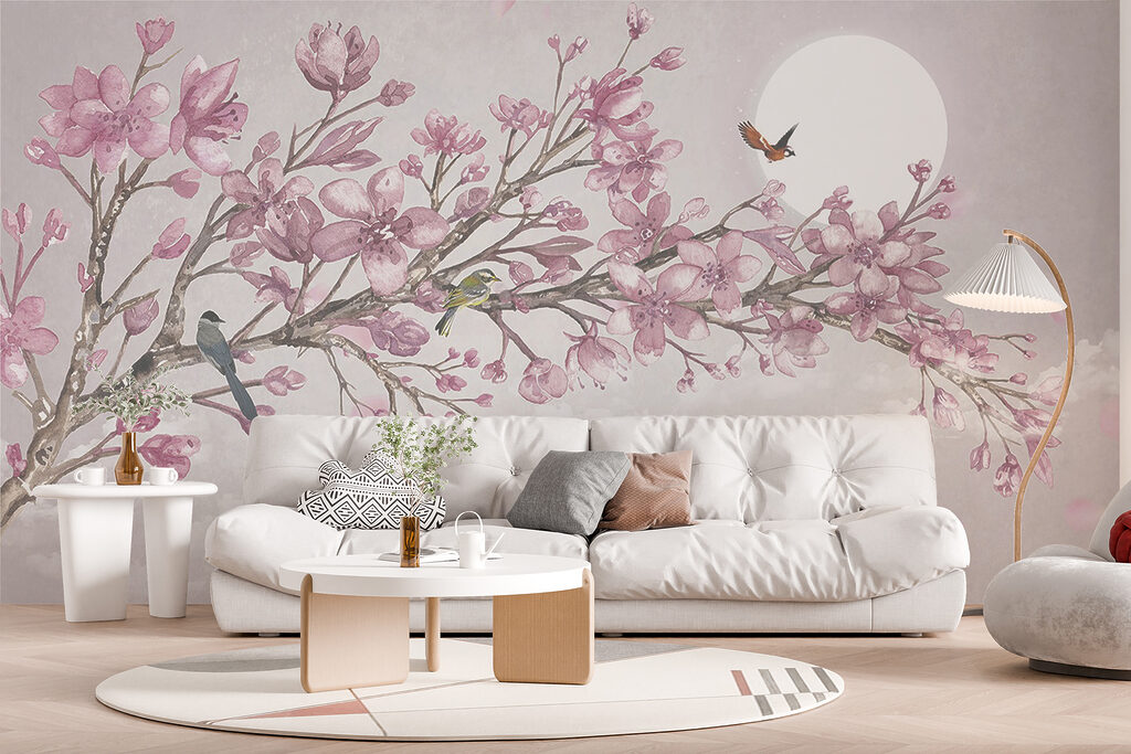 Painting of a branch with pink flowers and birds Painting of a branch with pink flowers and birds