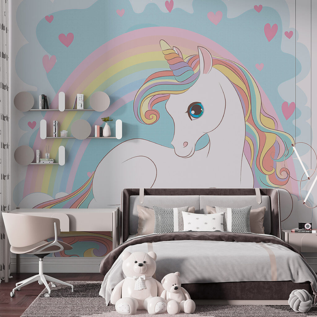 Unicorn sitting on a cloud with rainbow and hearts