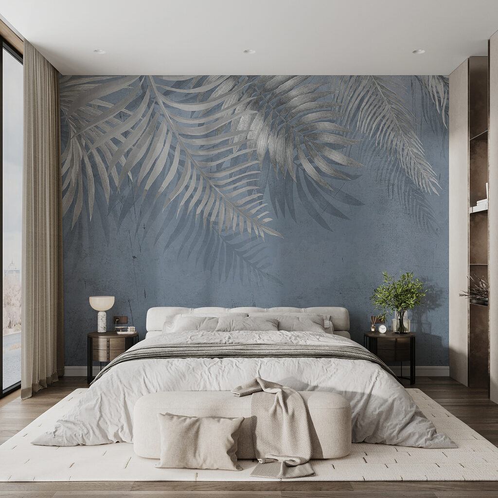 Blue background with silver leaves