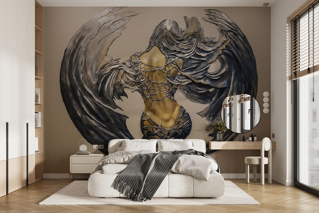 Metal sculpture of a woman with wings