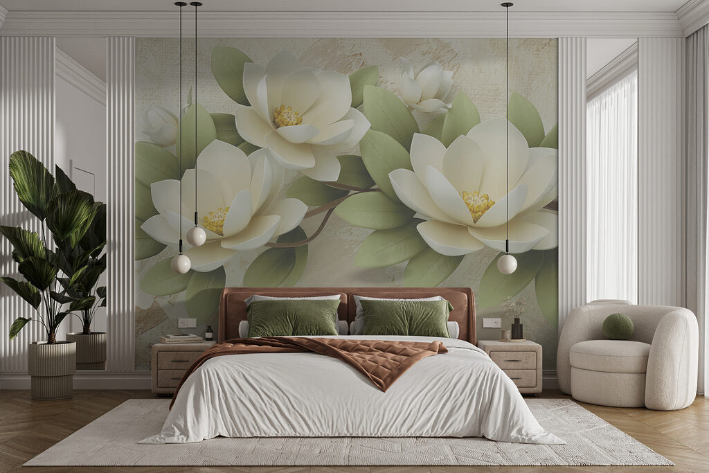 Group of white flowers with green leaves Group of white flowers with green leaves