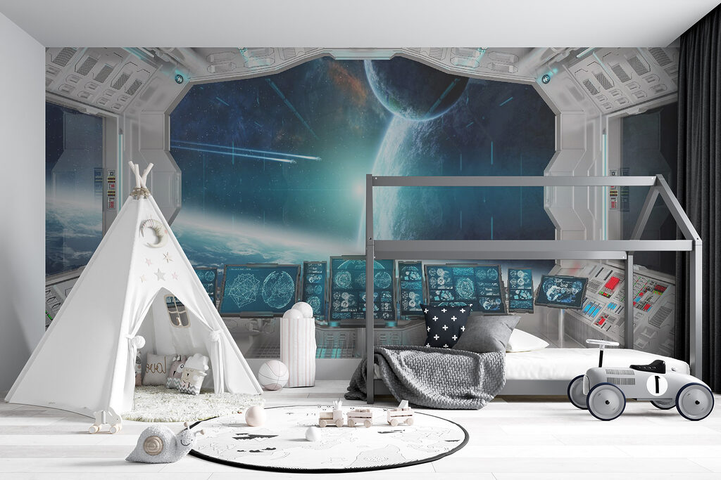 Room with screens and a view of earth from the window Room with screens and a view of earth from the window