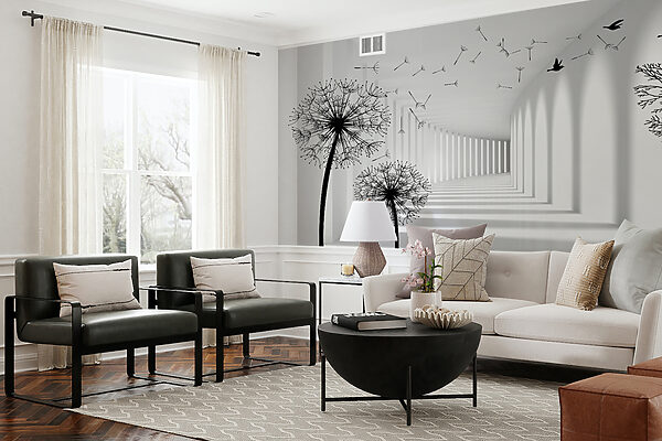 White room with trees and birds flying White room with trees and birds flying