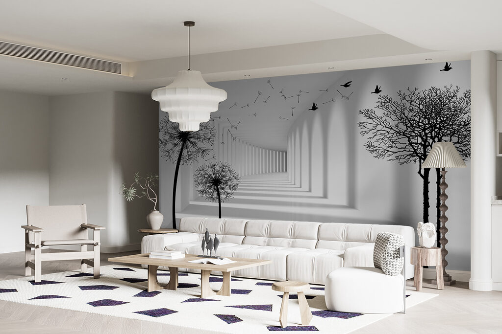 White room with trees and birds flying White room with trees and birds flying