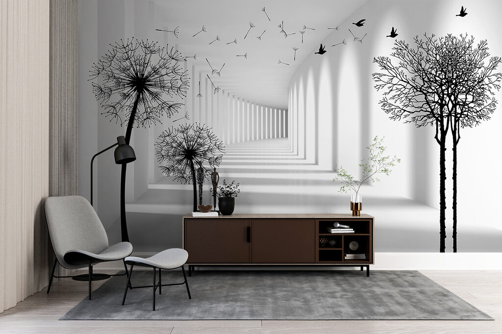 White room with trees and birds flying White room with trees and birds flying