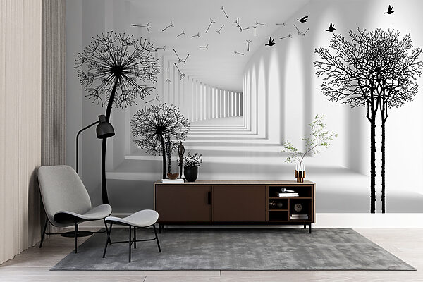 White room with trees and birds flying White room with trees and birds flying