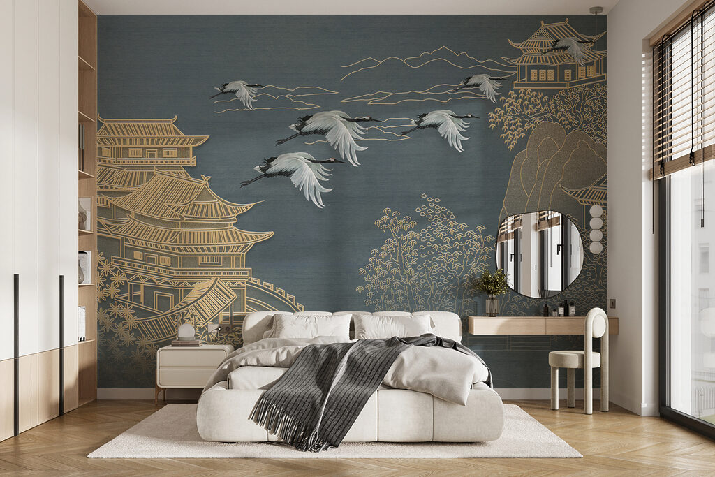 Painting of a landscape with cranes flying over a building Painting of a landscape with cranes flying over a building
