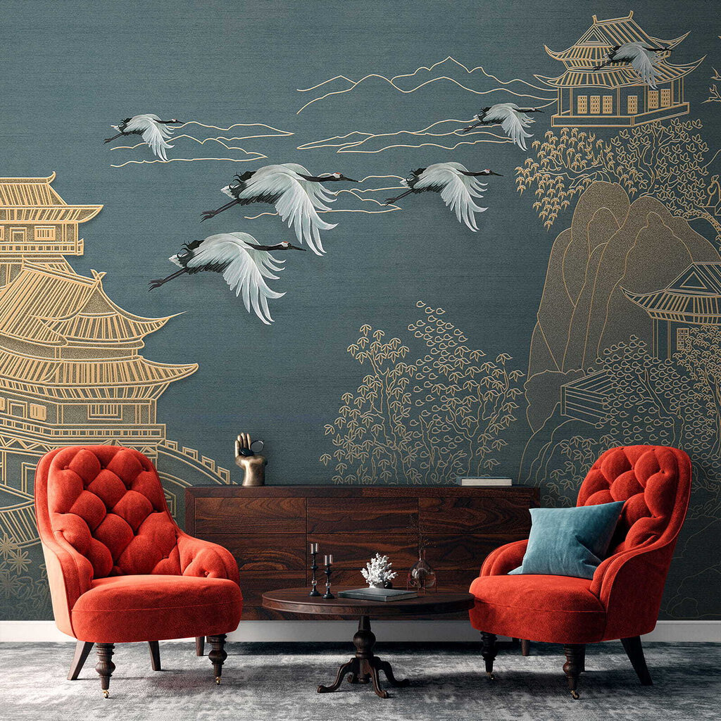 Painting of a landscape with cranes flying over a building Painting of a landscape with cranes flying over a building