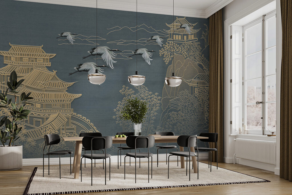 Painting of a landscape with cranes flying over a building Painting of a landscape with cranes flying over a building