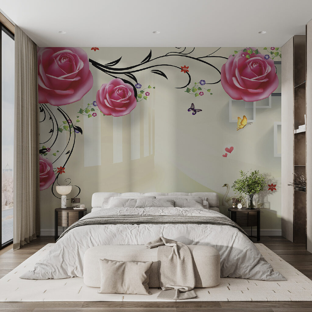 Wallpaper with roses and birds
