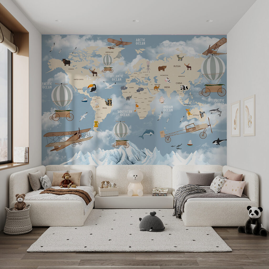 Map of the world with different animals and birds Map of the world with different animals and birds