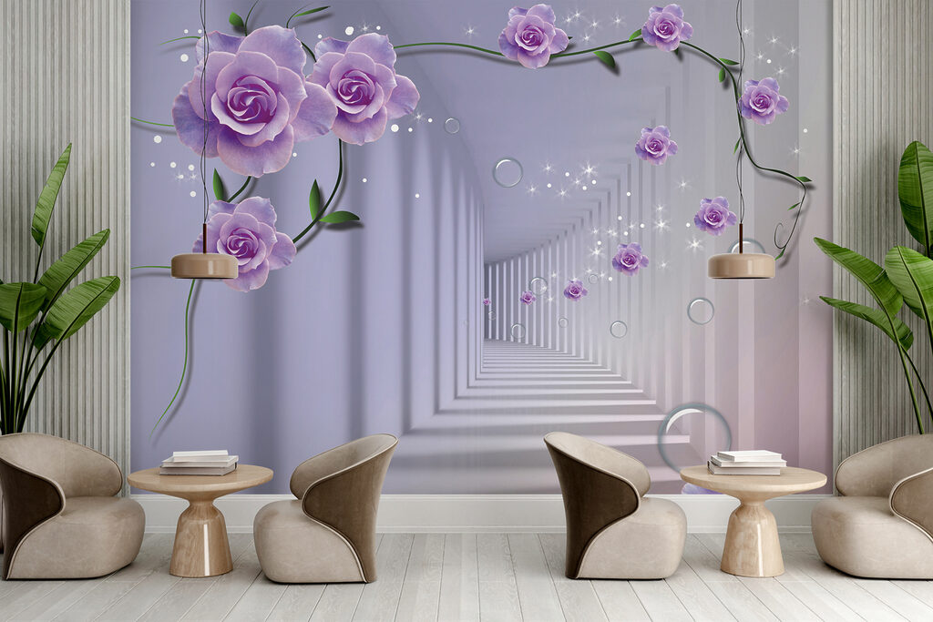 Wallpaper with purple roses and a staircase