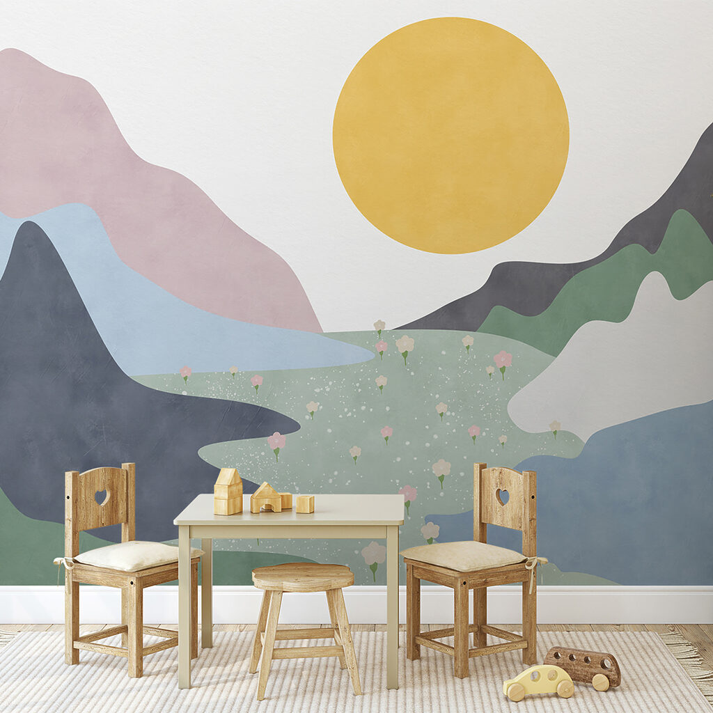 A landscape with mountains and flowers