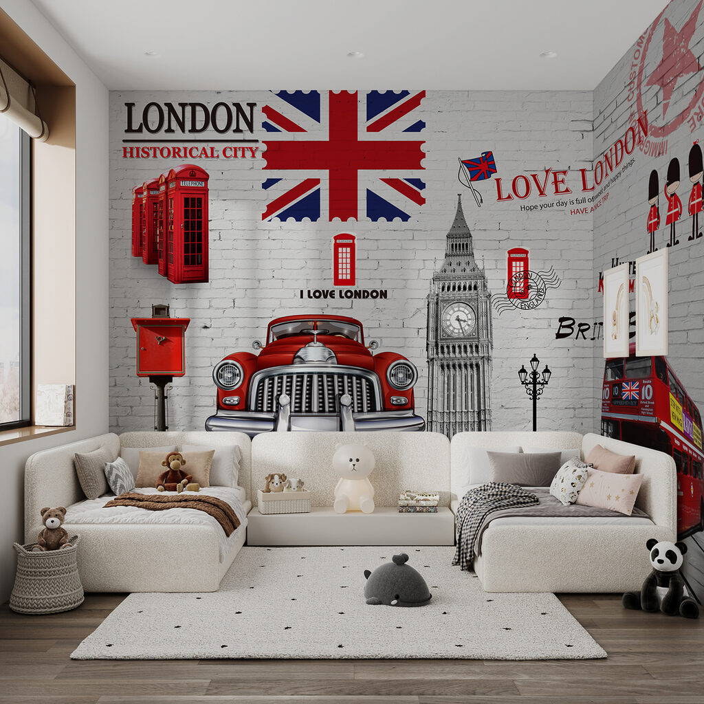 Red bus and a red bus painted on a wall