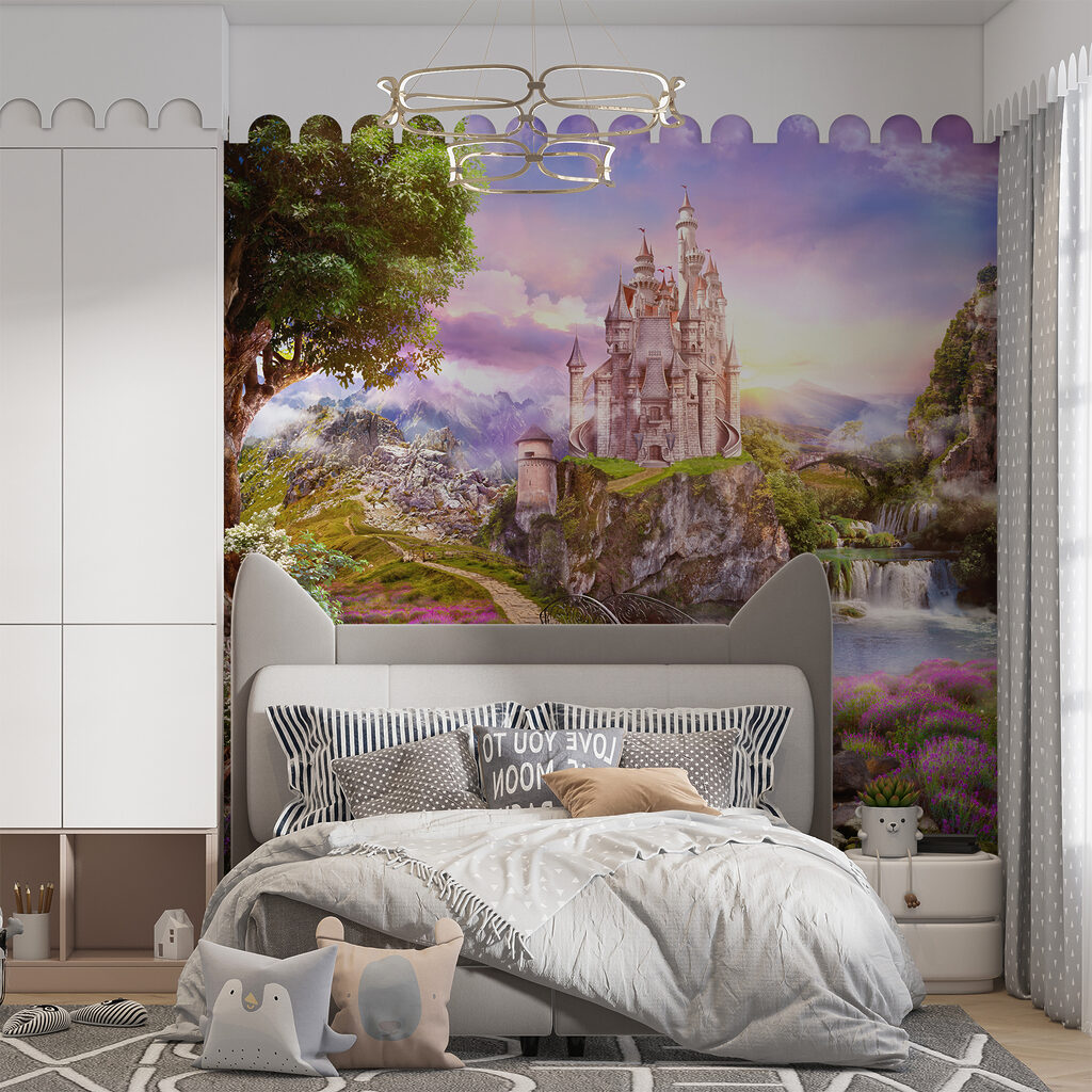 Castle on a cliff with a waterfall and a bridge