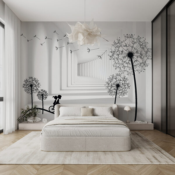 Girl riding a bike in a room with dandelions