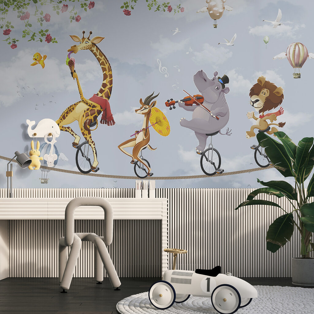 Group of animals riding unicycle Group of animals riding unicycle