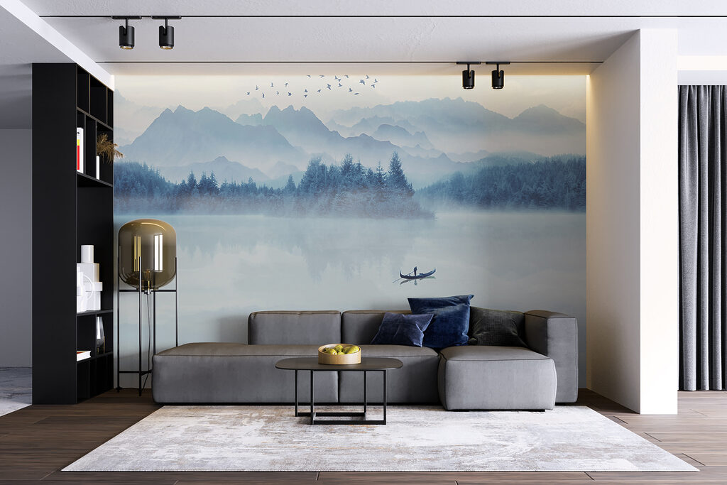 Person in a boat on a lake with birds flying in the sky Person in a boat on a lake with birds flying in the sky