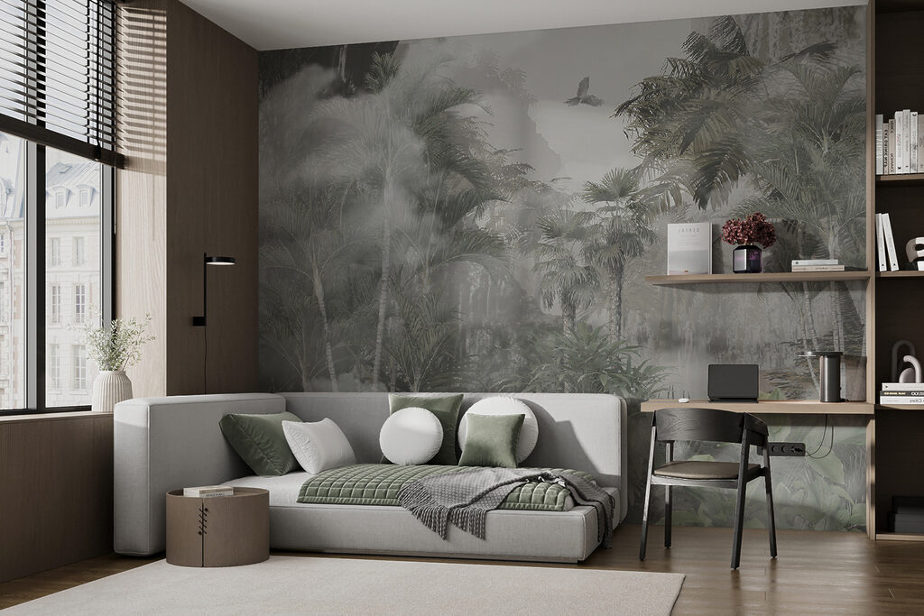 Foggy forest with trees and birds