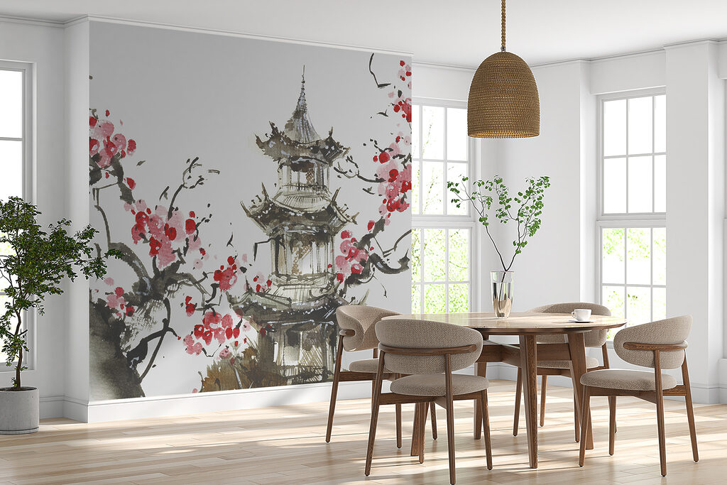 Painting of a pagoda and cherry blossoms