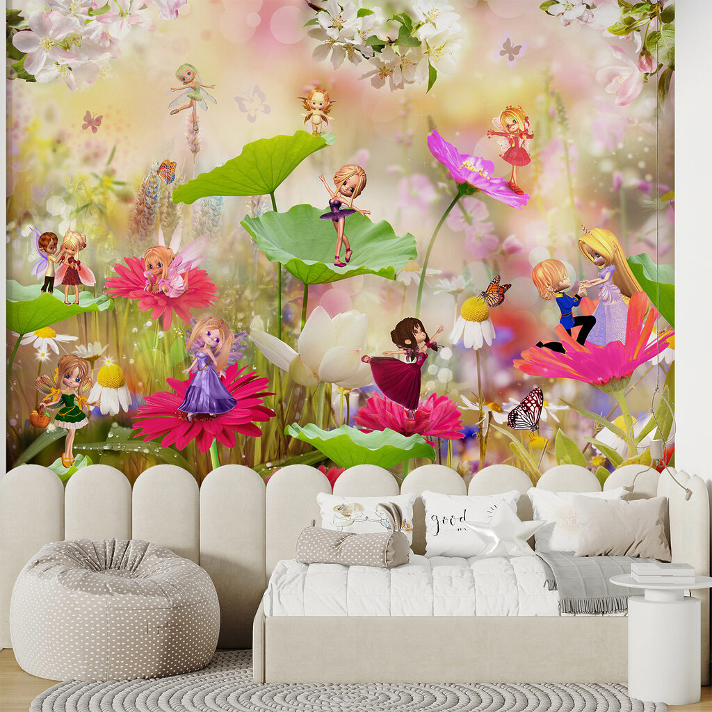 Group of cartoon fairies on flowers