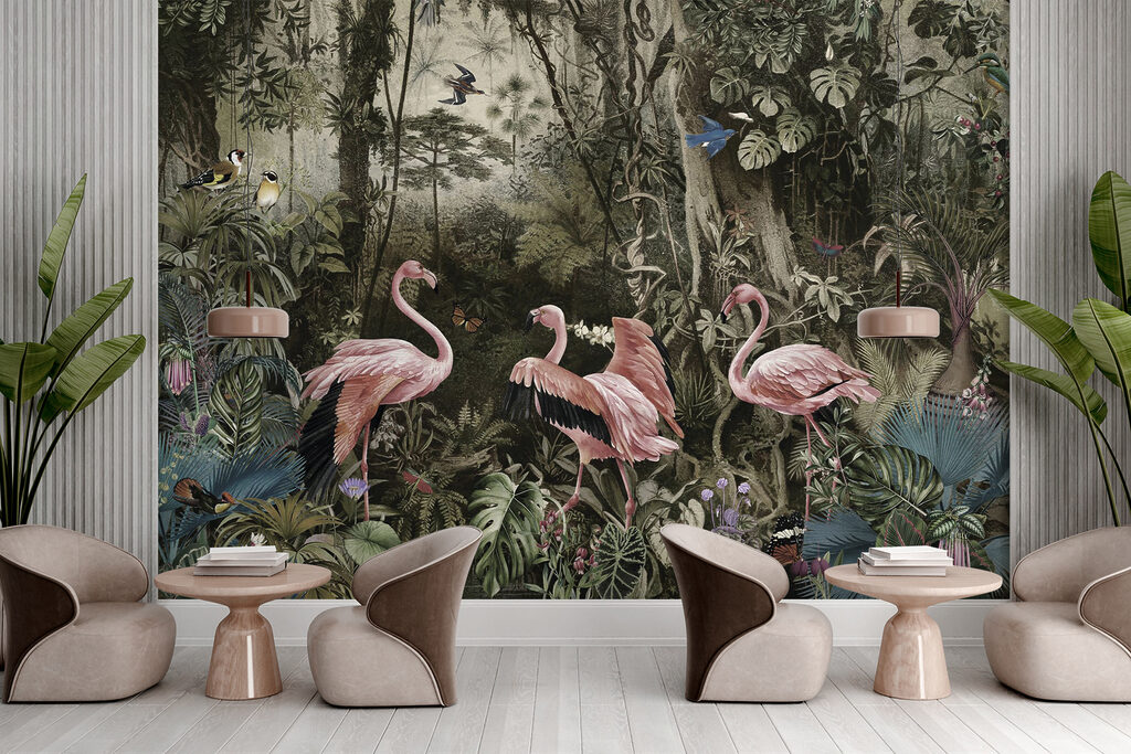 Group of pink flamingos in a forest Group of pink flamingos in a forest
