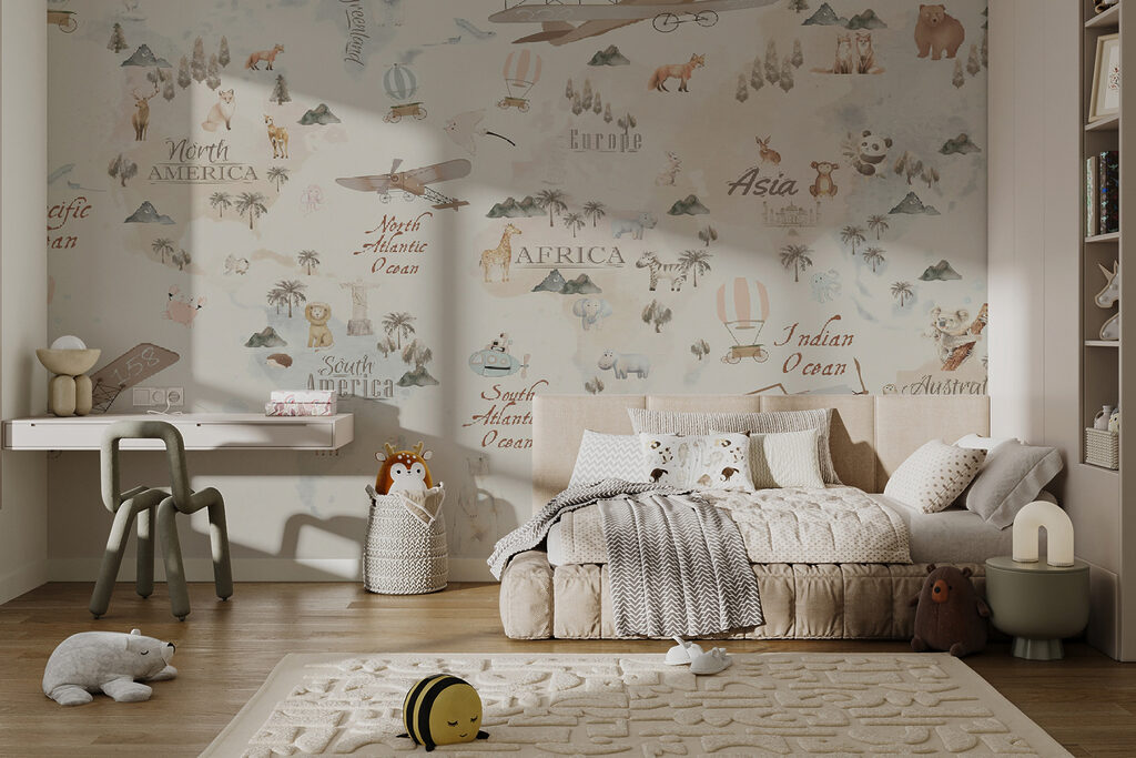 Map of the world with animals and birds