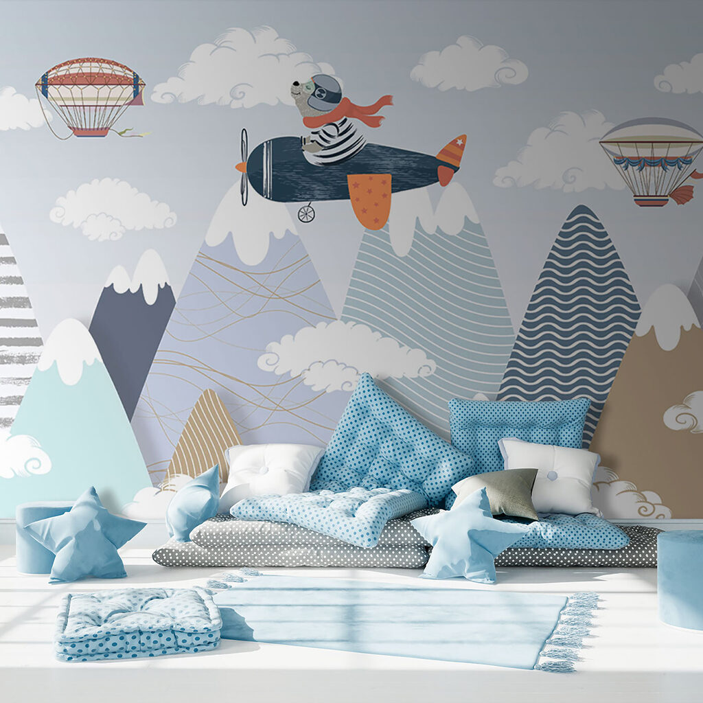 Cartoon bear flying on an airplane