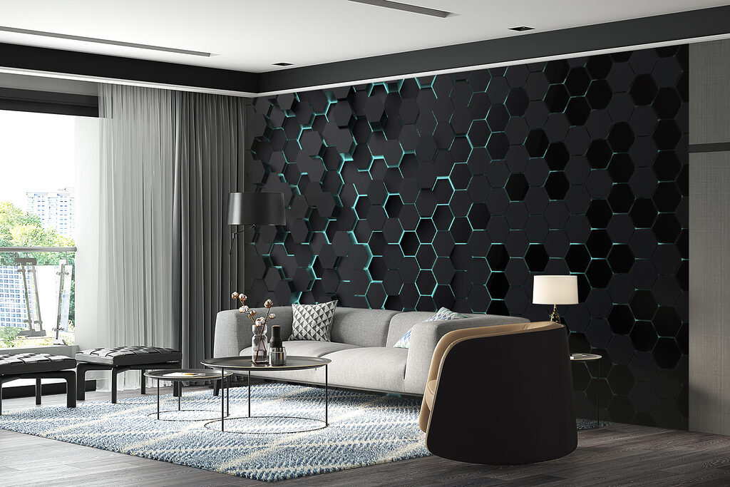 Black hexagons with blue lights Black hexagons with blue lights