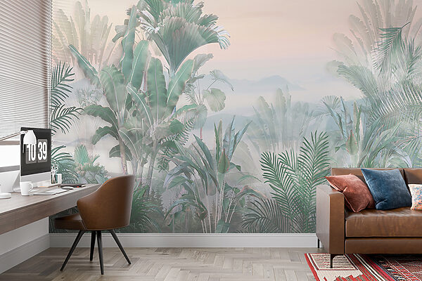 Foggy landscape with plants