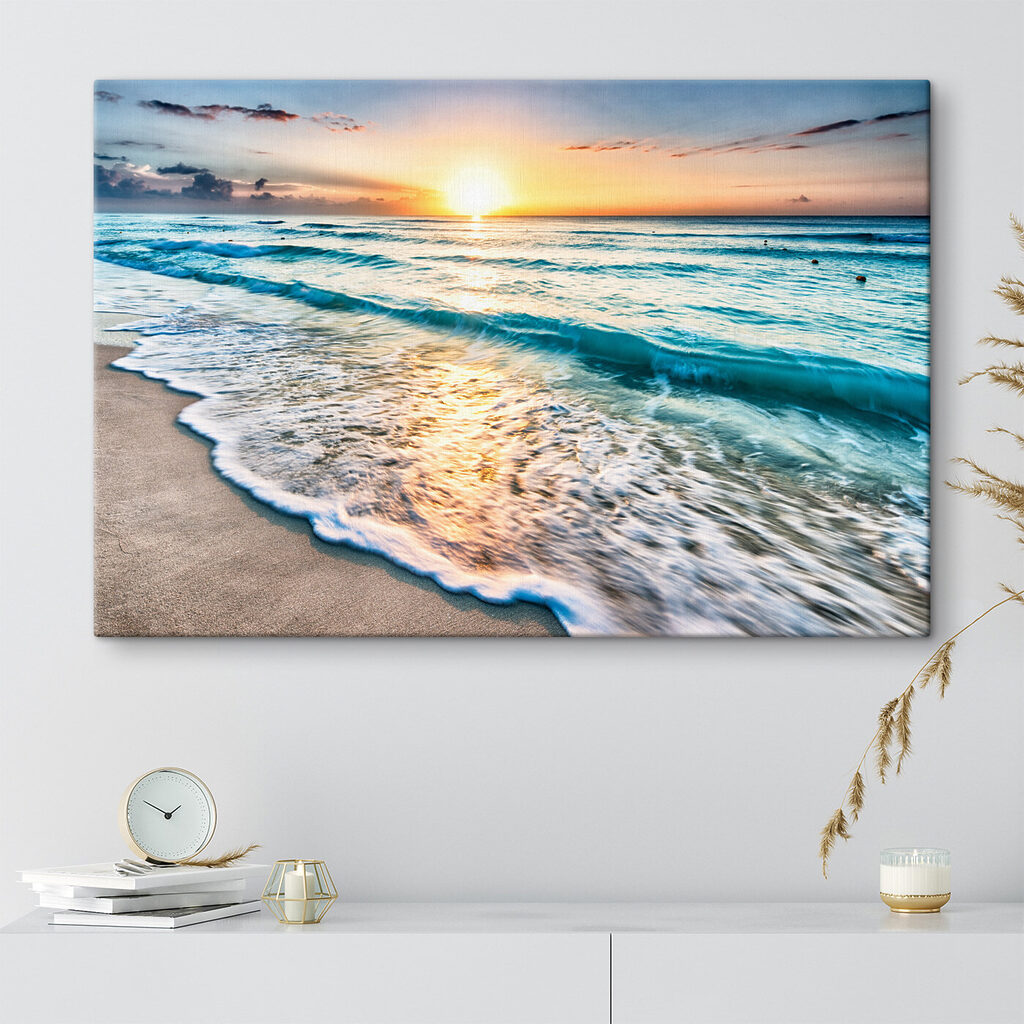 A beach with waves and a sunset A beach with waves and a sunset