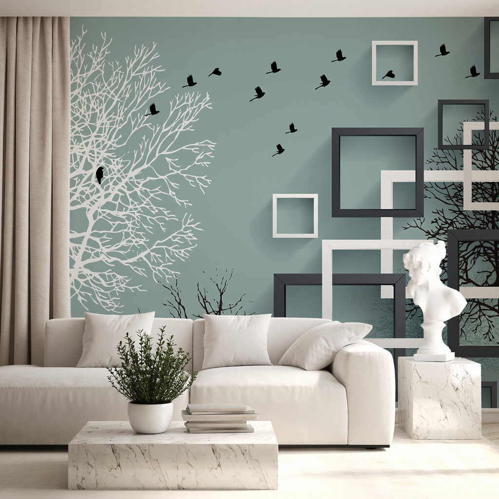 Wall mural with trees and birds flying