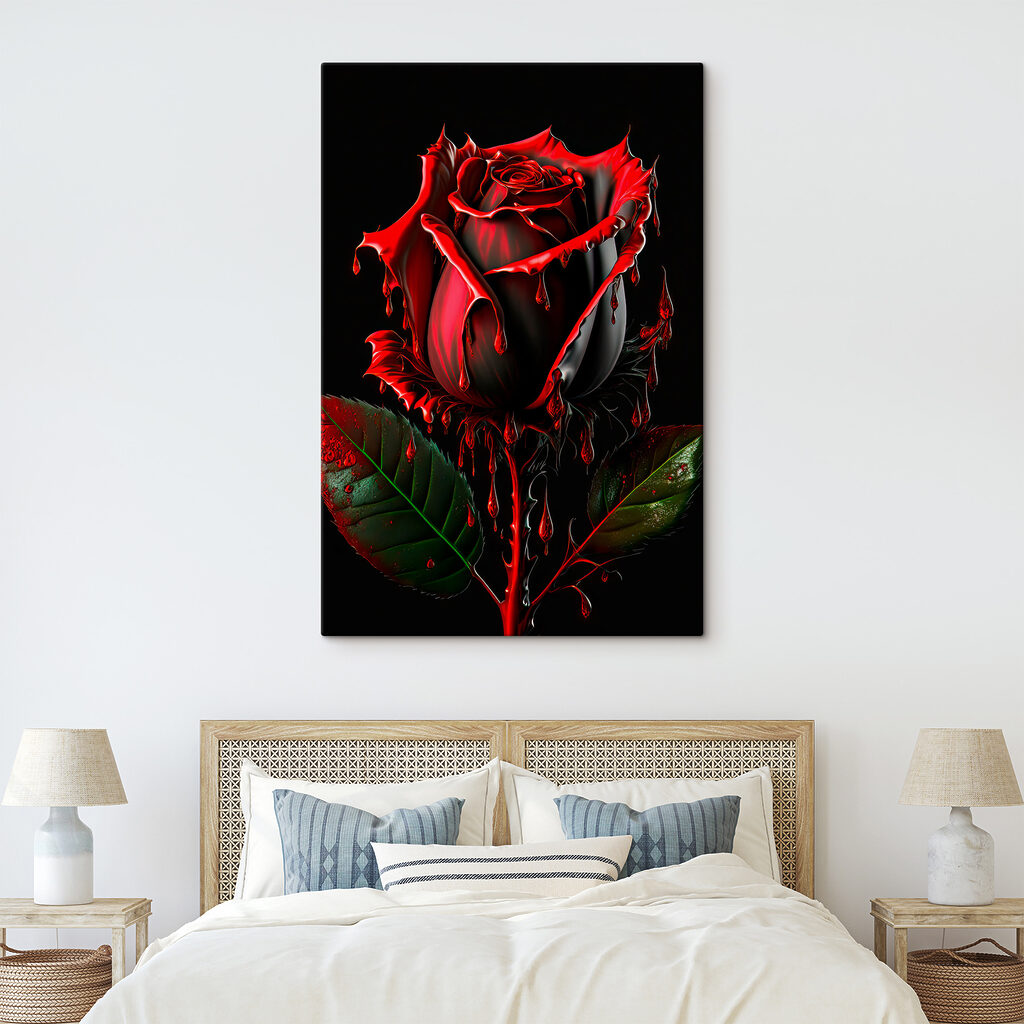 A red rose with green leaves and dripping red paint A red rose with green leaves and dripping red paint