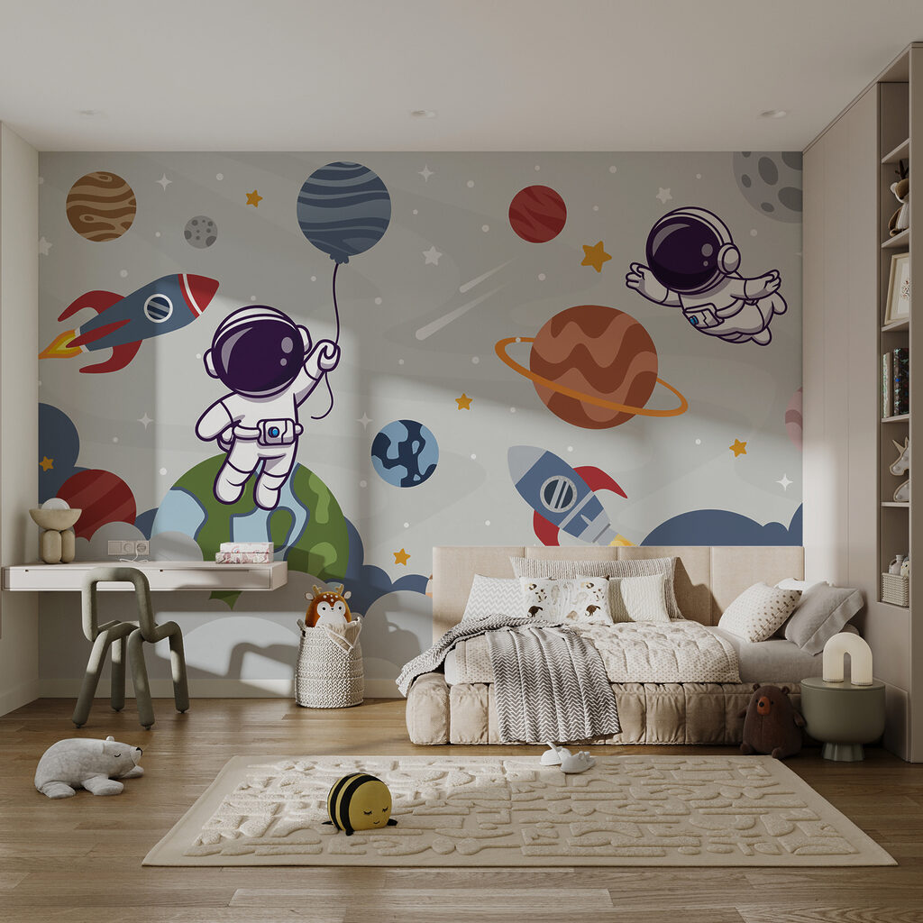 Cartoon astronaut in space with planets and rocket flying in the sky Cartoon astronaut in space with planets and rocket flying in the sky