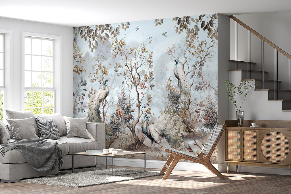 Painting of peacocks in a forest Painting of peacocks in a forest