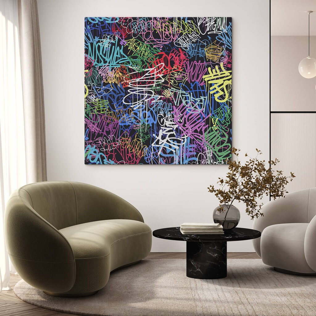 A colorful graffiti on a black background