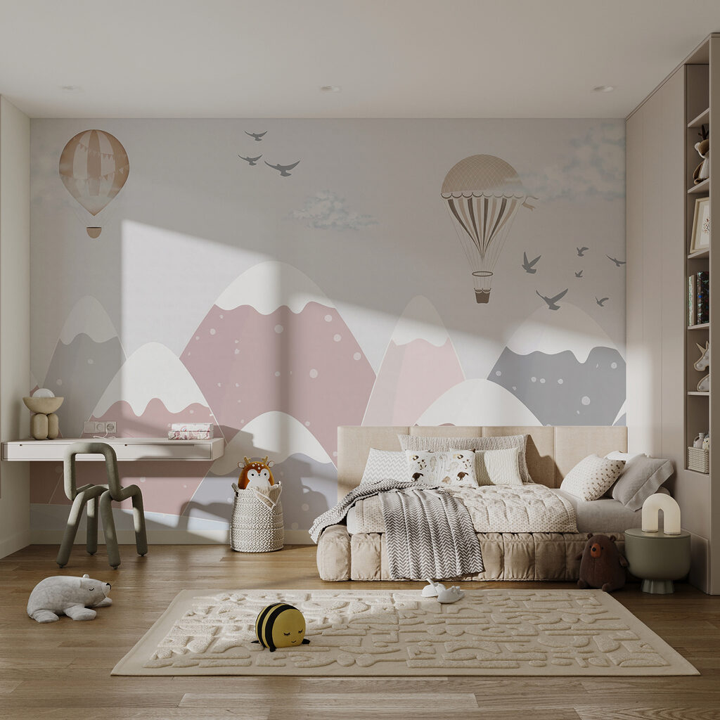 Hot air balloon flying over mountains