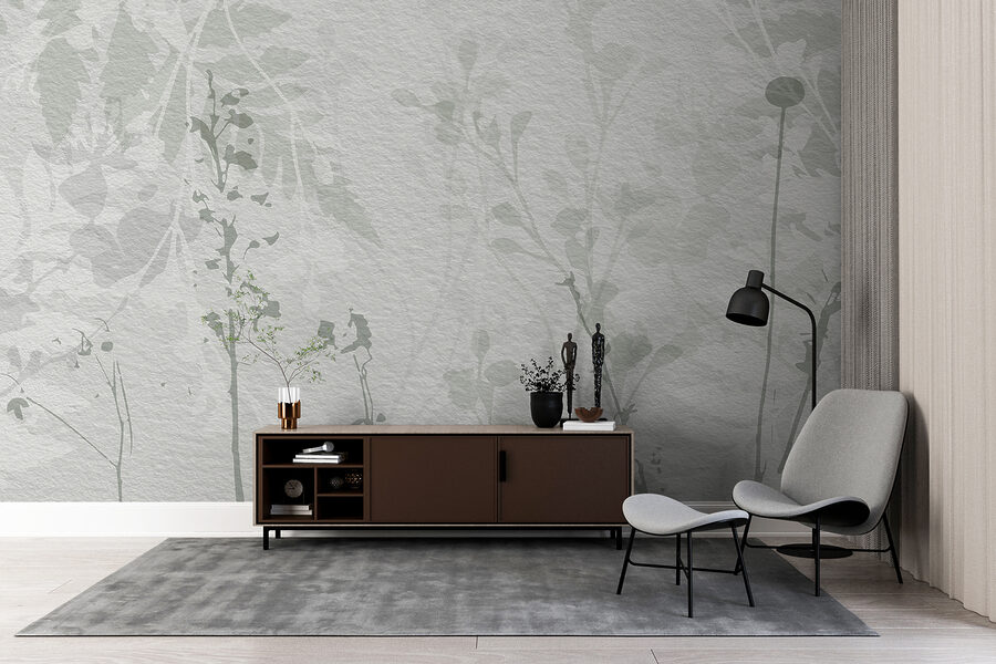 White wall with green leaves White wall with green leaves