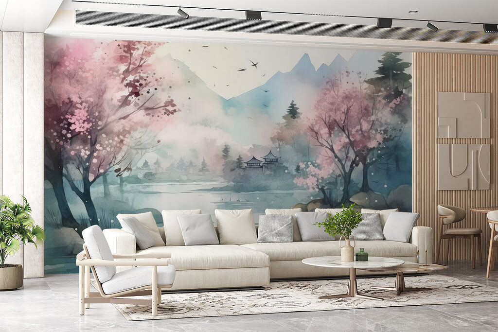 Watercolor painting of a lake with trees and mountains