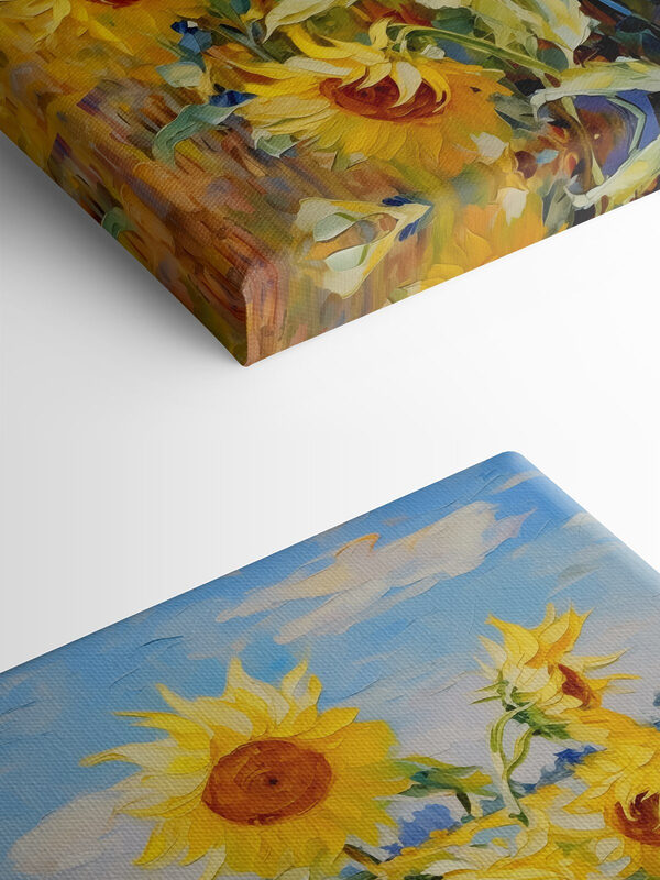 A painting of sunflowers in a field