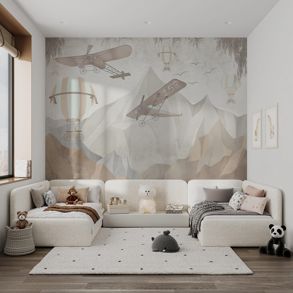 Painting of airplanes flying over mountains Painting of airplanes flying over mountains